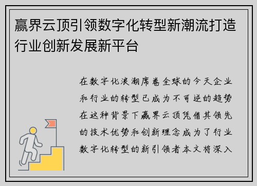 赢界云顶引领数字化转型新潮流打造行业创新发展新平台