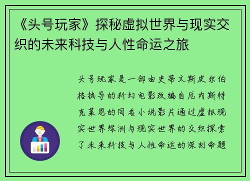 《头号玩家》探秘虚拟世界与现实交织的未来科技与人性命运之旅